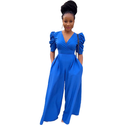 Women's Clothing Springsummer Pleated V-neck Woven Loose Wide-leg Jumpsuit Back Zipper