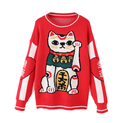 Women's Fashion Lucky Cat Thick Retro Sweater