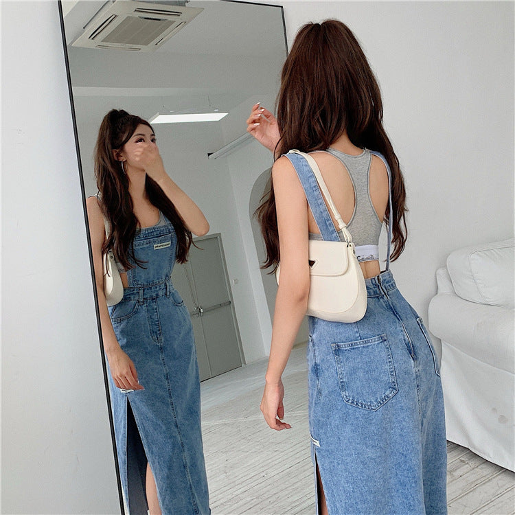 Trendy Label Strap Split Retro Hong Kong Style Raw Edge Denim Skirt