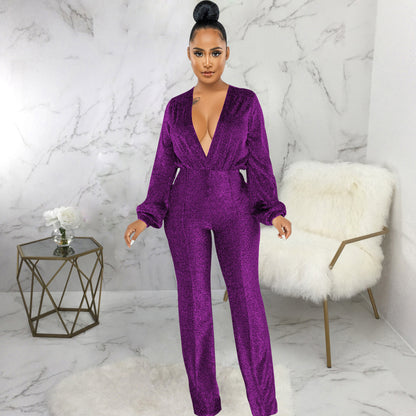 Women's Velvet Solid Color Long Sleeve V-neck Jumpsuit