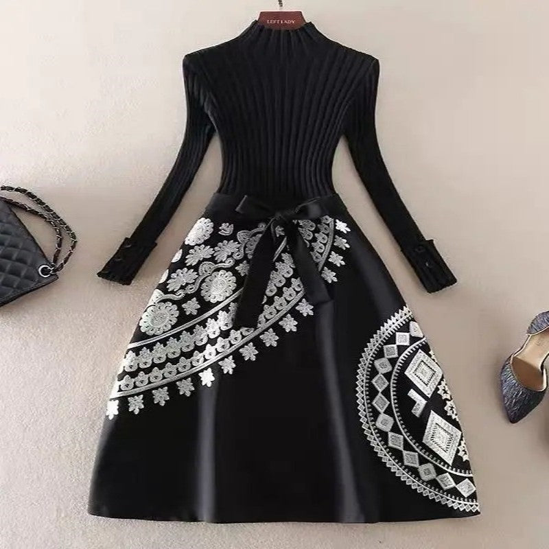 Women's Black Long Sleeve Patchwork Knitting Dress