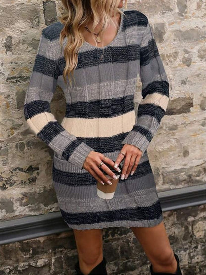 V-neck Color-block Double Pocket Knitted Slim Fit Sweater Dress