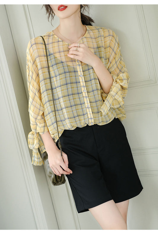 Three-quarter Sleeves Plaid Round Neck Single-breasted Ladies Shirt Chiffon Shirt