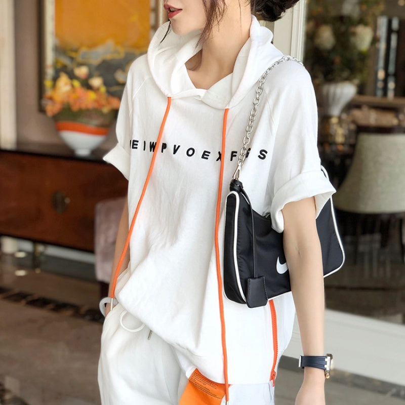 Women Loose Hooded T Shirt Short Sleeves