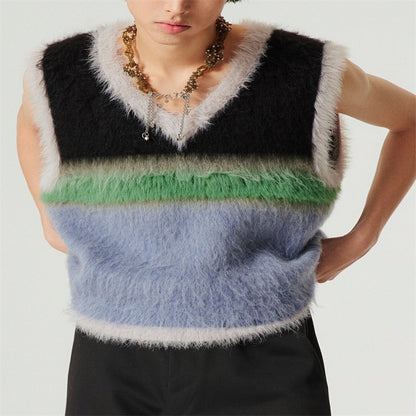 Wool Blended Long Velvet Wool Contrast Color Striped Knitted V-neck Vest Sweater