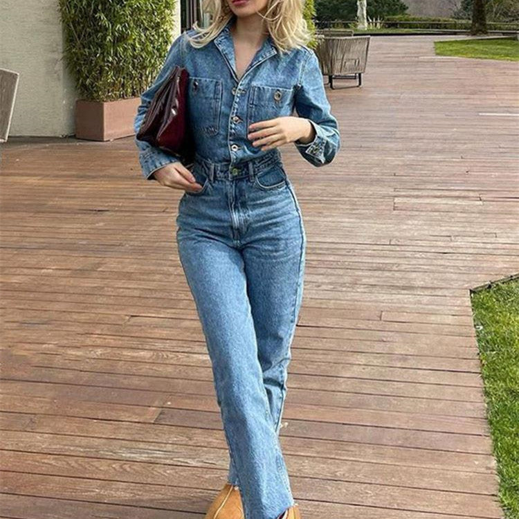 Women's Fashion Lapel Long Sleeve Straight Denim Jumpsuit