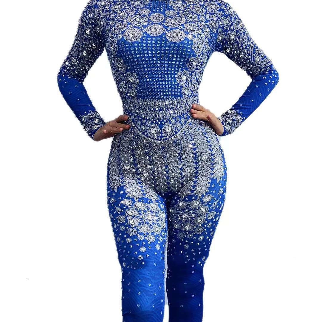 Women's Full Diamond Blue Printing Long Sleeve Jumpsuit