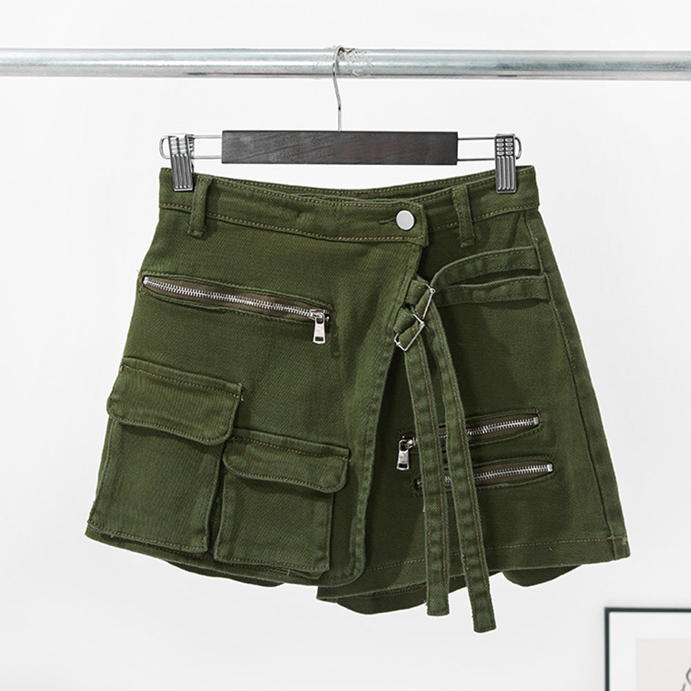 Workwear Denim Shorts Green Belt Loop Decorative Hot Pants