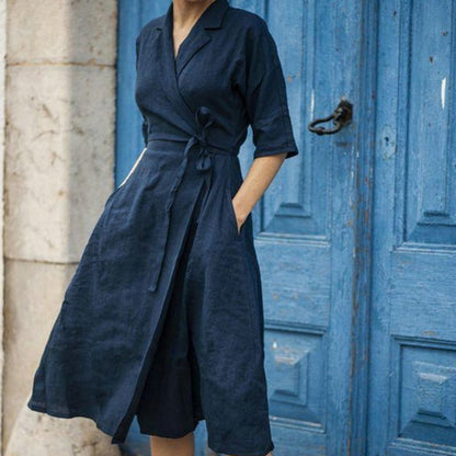 Cotton And Linen Half Sleeve Lace-up Turn-down Collar Large Swing Dress