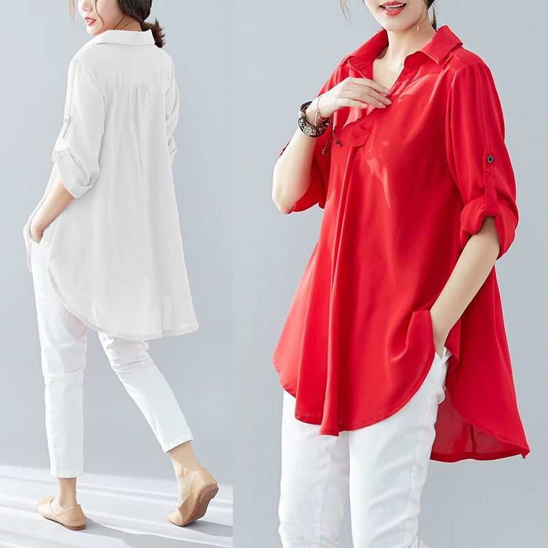 Chiffon Shirt Fat Mm Long-sleeved Slim Solid Color Shirt