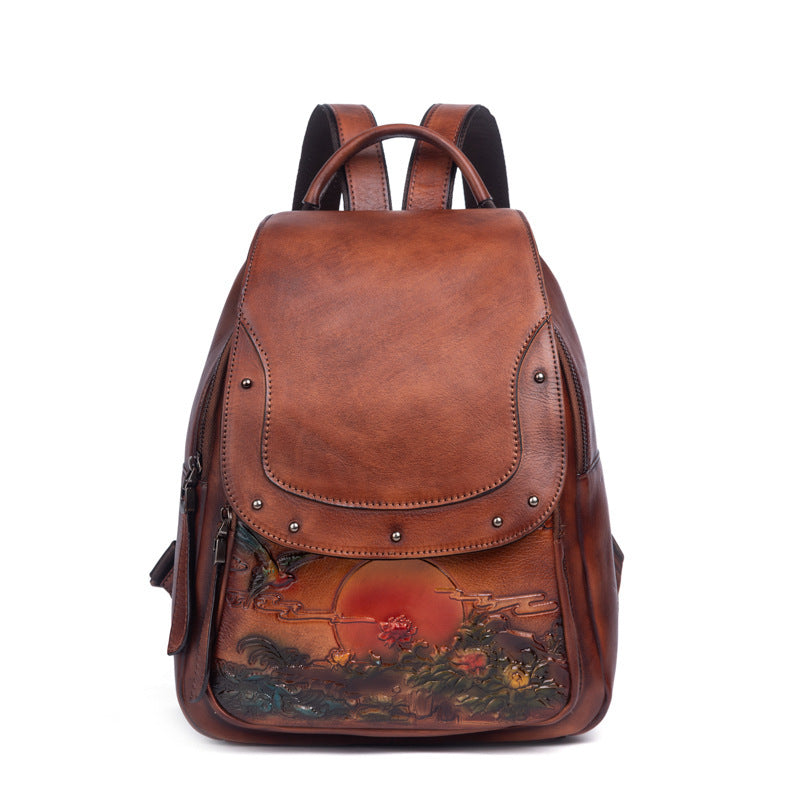 The First Layer Cowhide Retro Embossed And Polished Color Personalized Ladies Backpack