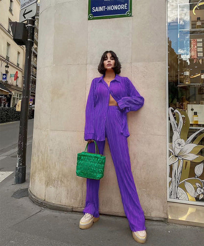 Traje de dos piezas de mujer de manga larga, holgado, con pantalones plisados ​​y pierna ancha