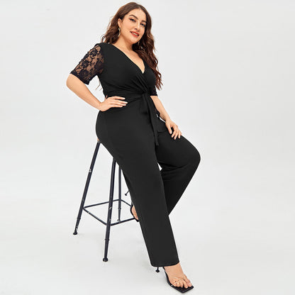 Women's Deep V Neck Lace Short Sleeve Plus Size Jumpsuit