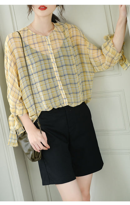 Three-quarter Sleeves Plaid Round Neck Single-breasted Ladies Shirt Chiffon Shirt