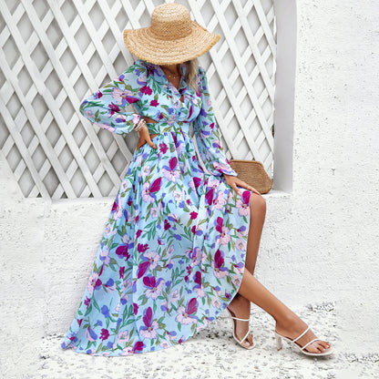 Vestido de manga larga con estampado floral a la moda, informal, para vacaciones, con cintura ajustada y escote en V, ropa para mujer