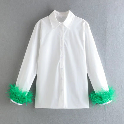 Cuff Feather Shirt Lapel TopSolid Color