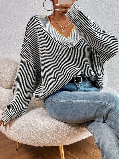 V-neck Loose Slimming Stripes Contrast Color Pullover Knitwear Top