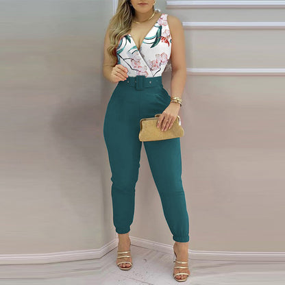 Women's V-Neck Backless Printed High Waist Jumpsuit