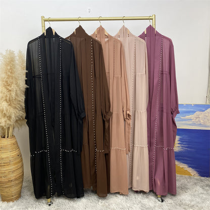 Eleganter, einfarbiger, mit Perlen besetzter, muslimischer Chiffon-Cardigan mit Schnürung