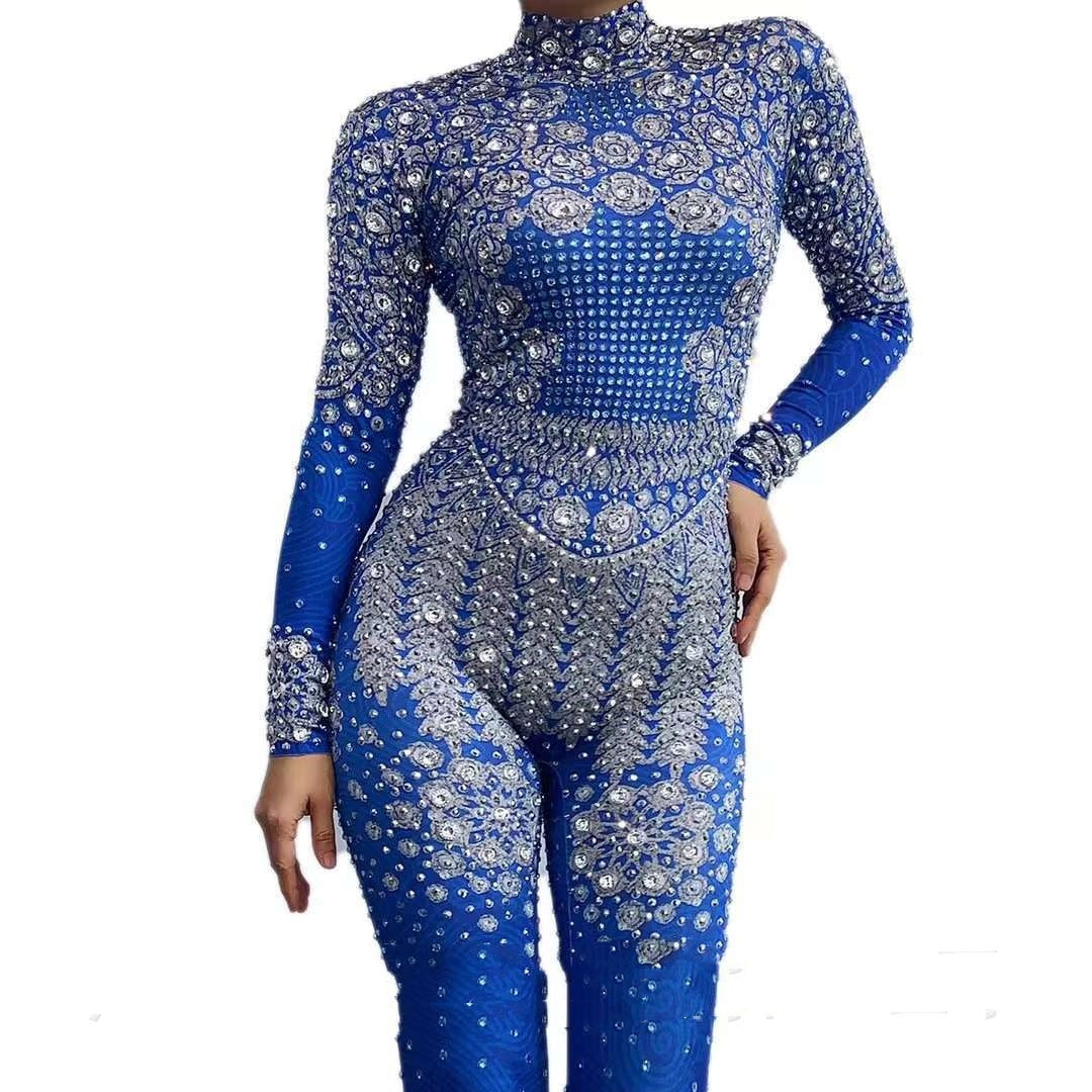 Women's Full Diamond Blue Printing Long Sleeve Jumpsuit