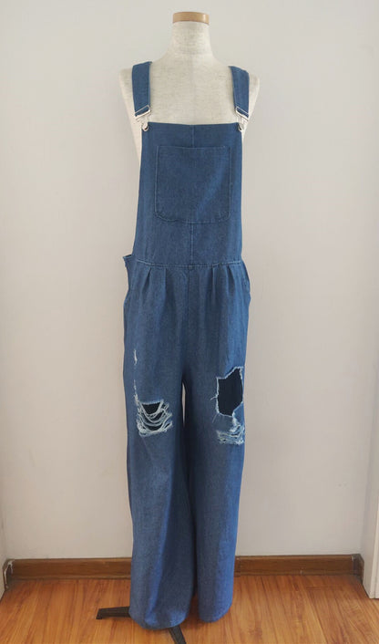 Women's Solid Color Casual Loose Ripped Denim Bib Pants