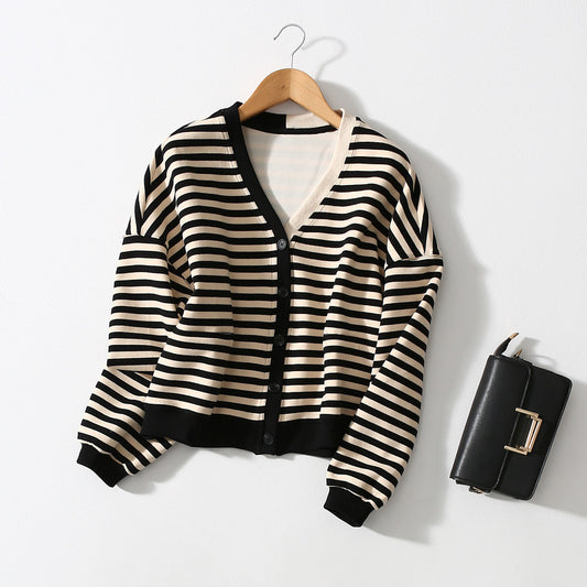 V-neck Horizontal Stripes Hit Color Casual Jacket Women