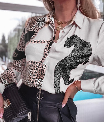 Camisa larga con estampado de leopardo y cadena transfronteriza para mujer europea y americana