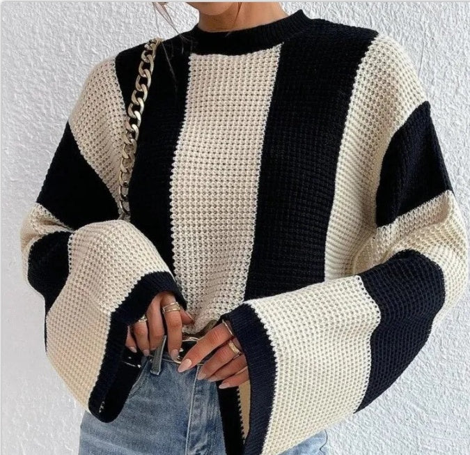 Gestreifter Strickpullover mit Rundhalsausschnitt für Damen